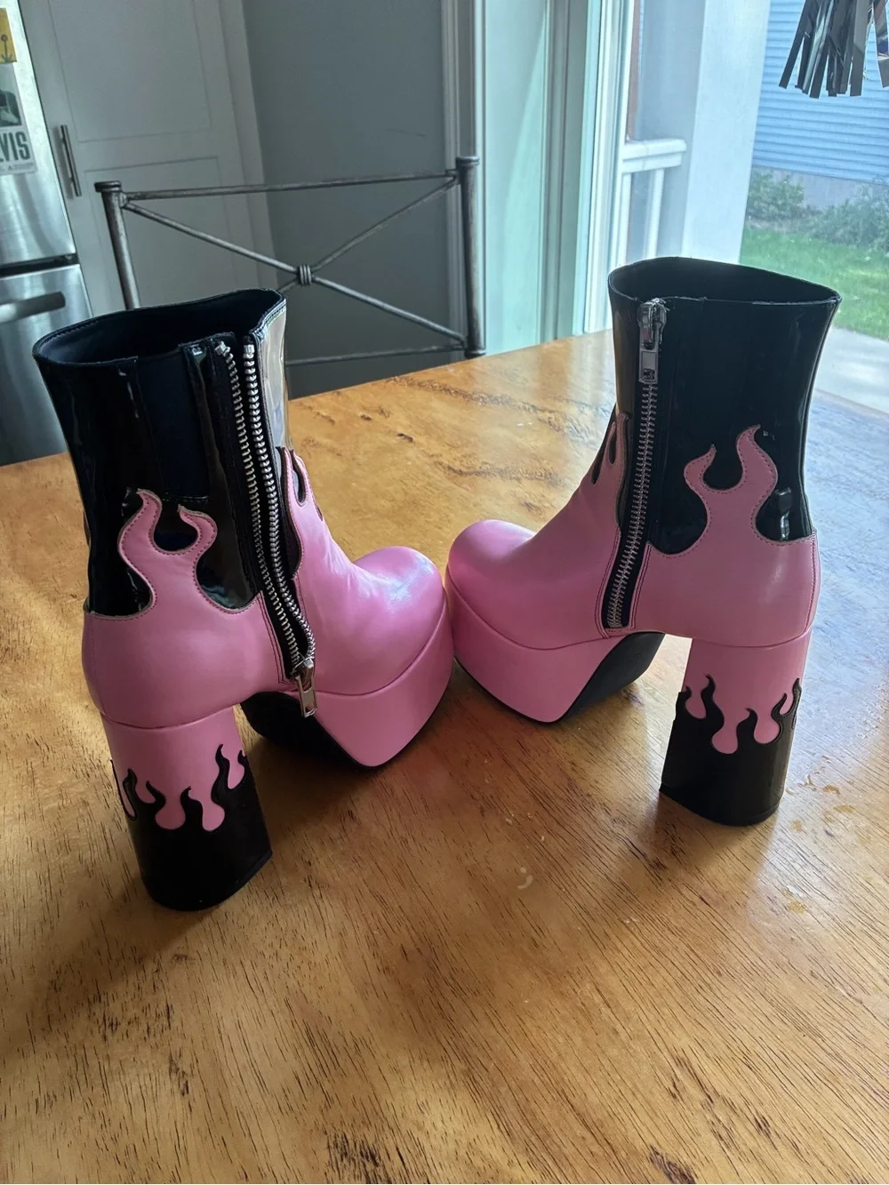 Sugar Thrillz Pink and Black Flame Platform Ankle Boots